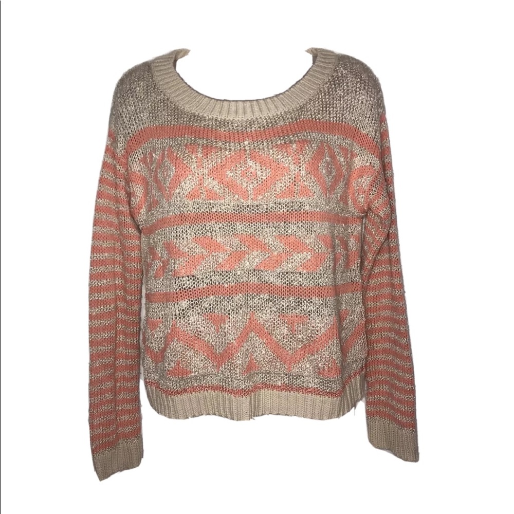 Aztec open knit crew neck sweater.
